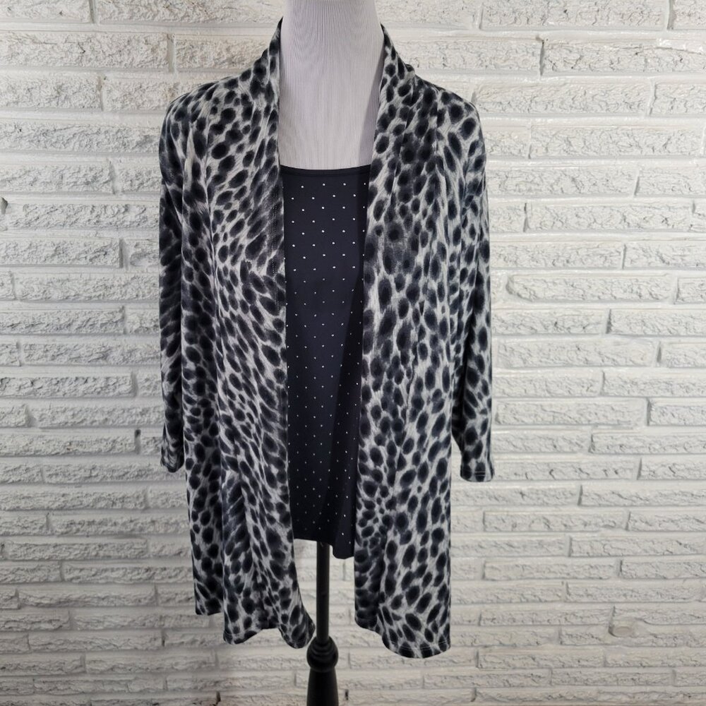 Cathy Daniels Women Top XL Tunic Knit 3/4 Sleeve Black Gray Animal Print ANI8XE